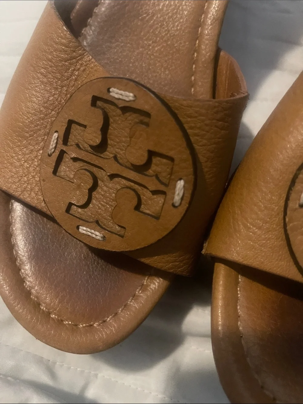 Tory Burch Cognac Leather Logo Slide Mules